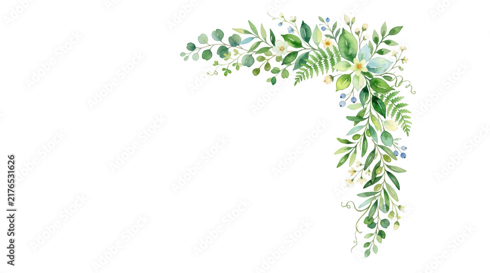 Fototapeta premium Watercolor botanical corner frame with green leaves and flowers isolated on transparent background