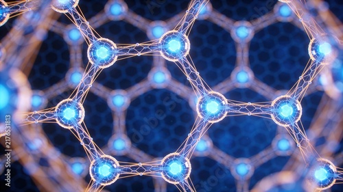 Abstract glowing blue nodes connected by orange lines, forming a complex hexagonal molecular or data network structure.