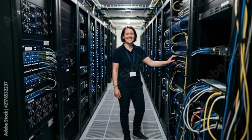 Smiling IT specialist woman standing between rows of rack-mounted servers with blue LED lights in a cool-toned data center, professional technology and networking environment