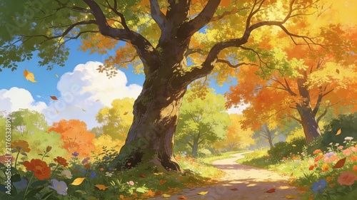 Vibrant autumn landscape with a majestic old tree, a winding garden path, and colorful wildflowers under a bright blue sky.