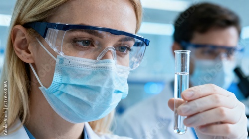 Female scientist examining liquid in test tube in laboratory for medical research and discovery