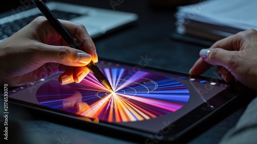 Close-up of designer hands using a digital stylus on a tablet screen to create vibrant radial art, showcasing modern technology and creativity.