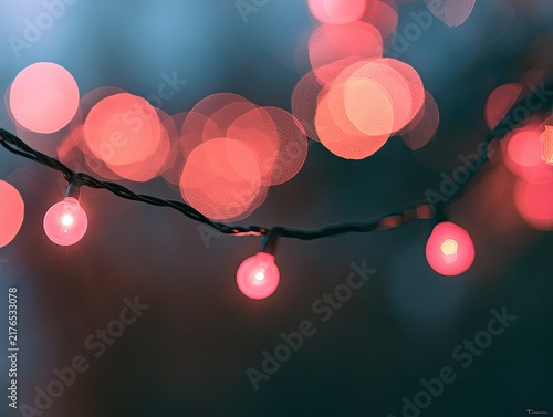 Soft focus of glowing pink-red lights on a dark string against bokeh