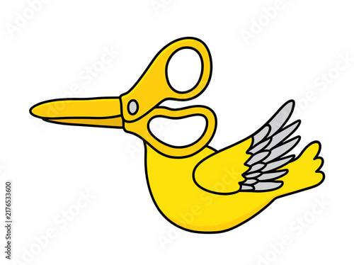 Creative concept of a bird with scissors for a beak. Yellow cartoon character illustration. Vector graphic isolated on transparent background