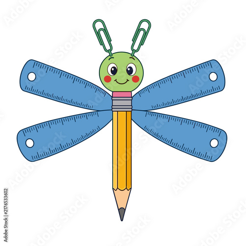 Cartoon dragonfly character made of a pencil, rulers and paper clips. Creative school supplies concept. Flat design vector illustration isolated on transparent background