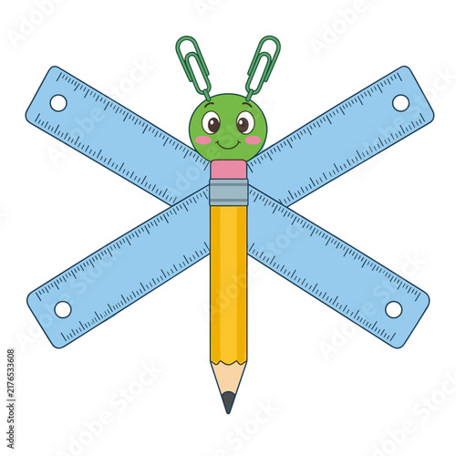 Dragonfly insect character made of pencil, rulers and paperclips. Creative school stationery concept. Flat design vector illustration isolated on transparent background