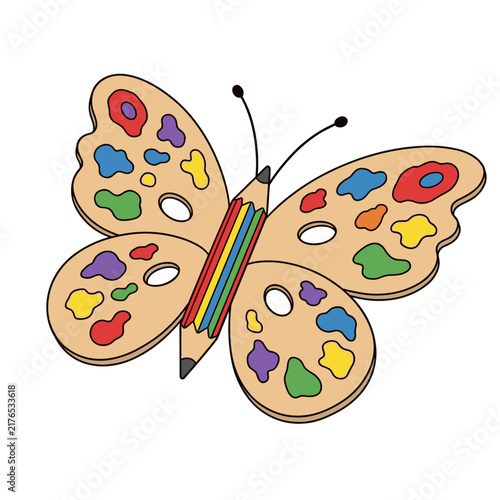 Creative butterfly concept with artist palette wings and pencil body. Flat design vector illustration. Art and education graphic element isolated on transparent background