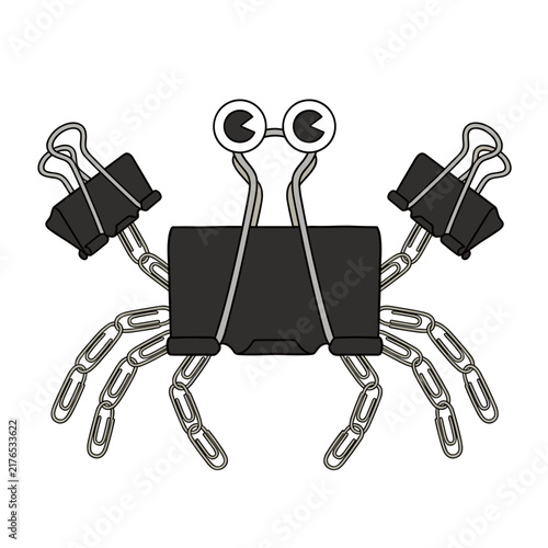 Creative crab character made of office supplies. Binder clips and paperclips flat design vector illustration. Isolated on transparent background