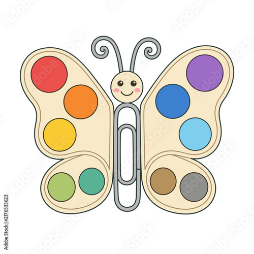 Creative butterfly character made of art supplies. Watercolor palette and paperclip flat design vector illustration. Isolated on transparent background