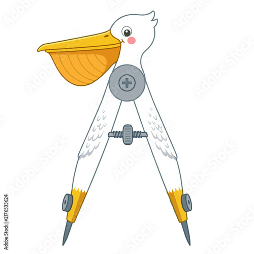 Pelican bird character made of drawing compass. Creative school and education concept. Flat design vector illustration isolated on transparent background