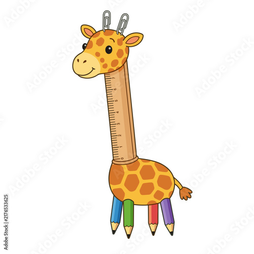 Giraffe animal character made of ruler, pencils and paperclips. Creative school stationery concept. Flat design vector illustration isolated on transparent background