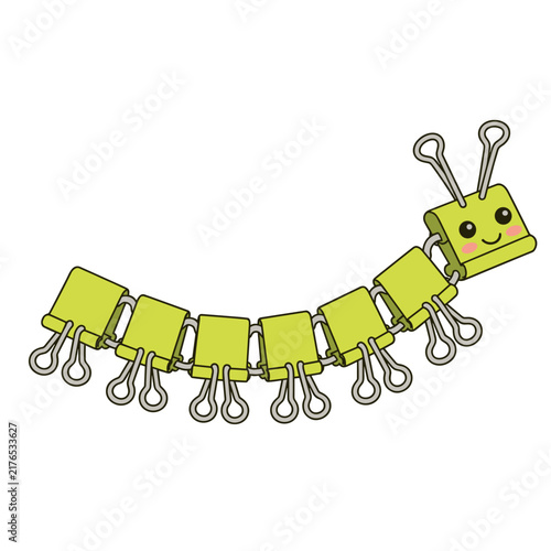 Cartoon caterpillar made of green binder clips. Creative office supplies concept. Vector illustration isolated on transparent background
