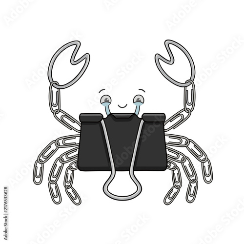 Creative office supply crab character. Binder clip and paperclip animal concept. Flat vector illustration isolated on transparent background