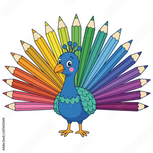 Cartoon peacock with colored pencils tail. Creative school supplies and education concept. Flat design vector illustration isolated on transparent background
