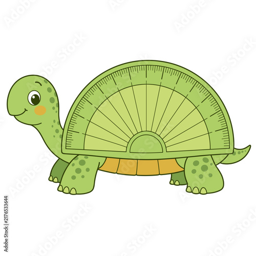 A cartoon turtle with a shell shaped like a protractor. A concept representing school and math supplies. The image is isolated on a transparent background.