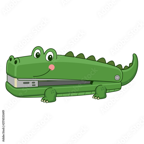 Cartoon crocodile stapler vector illustration. Creative office and school supplies concept. Isolated on transparent background