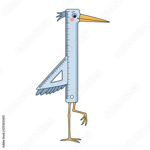 Cartoon heron bird made of rulers. Creative school measuring tools concept. Vector illustration isolated on transparent background