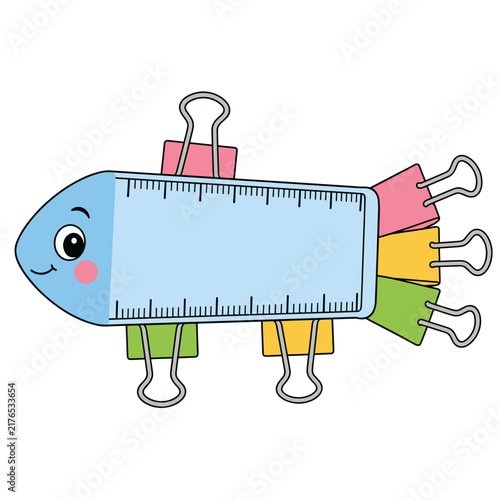 Cartoon fish character made of a ruler and binder clips. Creative school supplies concept. Flat design vector illustration isolated on transparent background