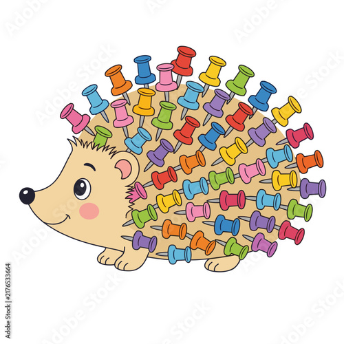 Cartoon hedgehog with colorful push pins vector illustration. Creative office and school stationery concept. Isolated on transparent background