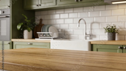 Empty Wooden Kitchen Countertop with Blurred Modern Home Interior Background