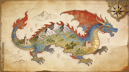 Majestic Dragon Illustration as a Fantasy Map on Ancient Parchment, Featuring Mountains, Rivers, Castles, and a Compass Rose.