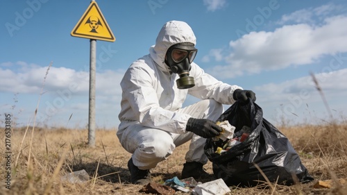 Person in Hazmat Suit and Gas Mask Collecting Trash Near Biohazard Sign in Dry Field