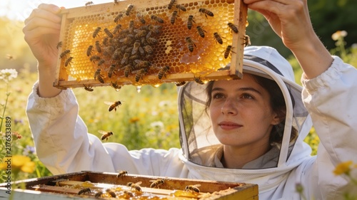 Female Beekeeper Inspecting Honeycomb Frame with Bees and Dripping Honey in Sunny Wildflower Field
