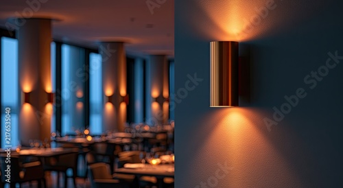Ambient, warm light glows from wall sconces onto tables in a dimly lit upscale dining room