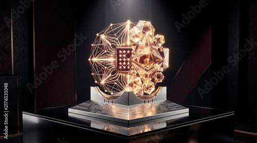 Abstract digital brain model with golden geometric patterns on a dark reflective stand