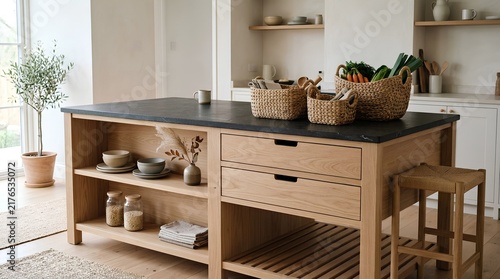 Japandi-style oak kitchen island with honed dark stone countertop, woven baskets of fresh vegetables, open shelving with ceramics and neutral home interior design