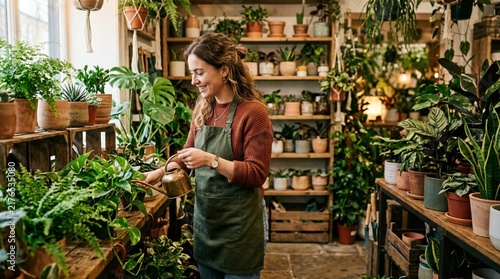 Smiling brunette florist watering lush green plants in a cozy botanical shop with warm ambient lighting and wooden shelves