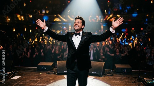 Cheerful male performer in black tuxedo standing on dim concert stage with bright spotlight, arms raised triumphantly before enthusiastic audience and stage monitors at lively show