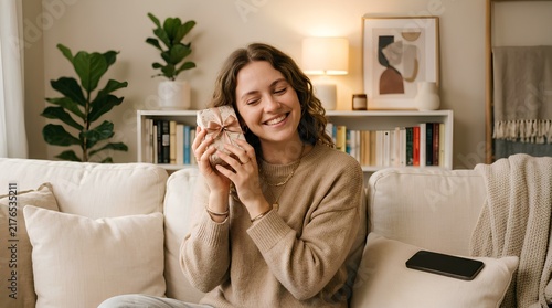 Smiling young woman influencer holding a small wrapped gift box with a bow, sitting on a cream sofa in a cozy living room with a bookshelf, plant, and phone nearby