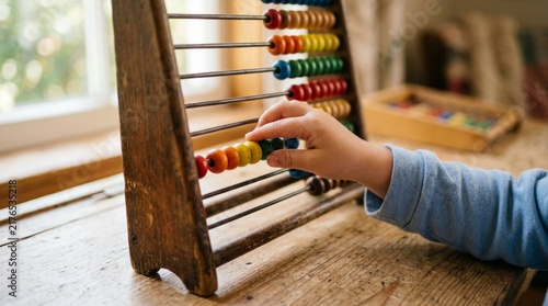Close-up of a child's hand sliding colorful wooden beads on a vintage rainbow abacus, demonstrating early math learning, Montessori education, and fine motor skill development on rustic table