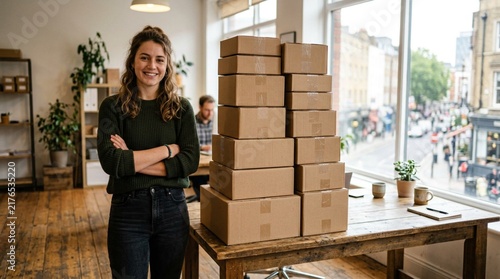 Smiling young woman entrepreneur standing confidently with crossed arms beside tall stack of brown cardboard parcel boxes on wooden desk in bright modern small business office storefront with city