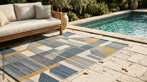 Modern outdoor rug with blue and yellow abstract geometric pattern on pale stone patio beside turquoise pool, sunlit garden terrace with wooden lounge and cushions