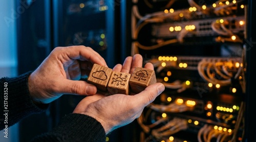 Hands holding small wooden cubes carved with cloud, network, and code icons in front of glowing server racks representing cloud computing and data infrastructure concept