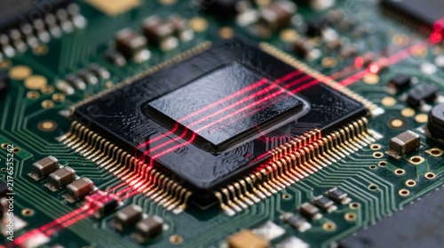 Extreme close-up of glossy black microchip on green printed circuit board with thin crimson red laser beam crossing over chip surface and golden pins