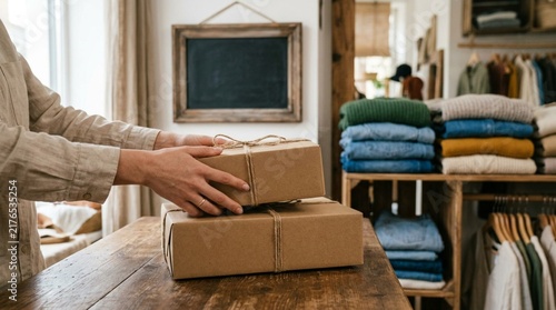 Hands placing plain brown parcel boxes tied with kraft twine on a wooden shop counter, with a chalkboard sign and folded knitwear display in a boutique