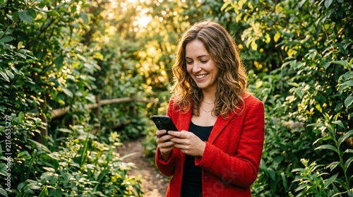 Smiling young woman in vibrant red jacket texting on black smartphone while standing on lush green forest path during golden hour sunshine moments