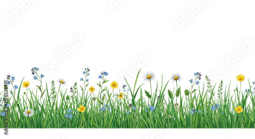 hand-painted watercolor botanical banner of vibrant emerald grass, forget-me-nots, daisies, and buttercups border along the bottom edge, isolated on white copy space. Concept for ecological graphic