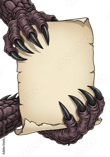 symmetrical vector illustration of two monstrous, purple-brown gnarled claws gripping antique parchment copy space on a white background, high-contrast horror warning concept