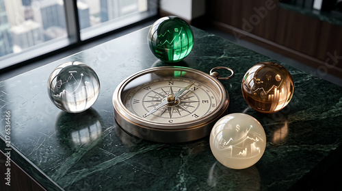 Old compass with glass spheres reflecting city and business charts on a dark office table