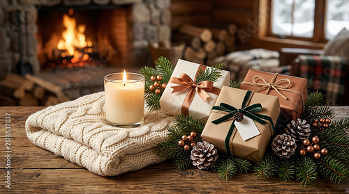 Christmas gifts with candle and cozy blanket on wooden table near warm fireplace