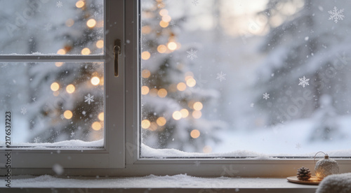 Cozy winter window with gentle snowfall outside, warm blurred Christmas lights reflected in the glass.