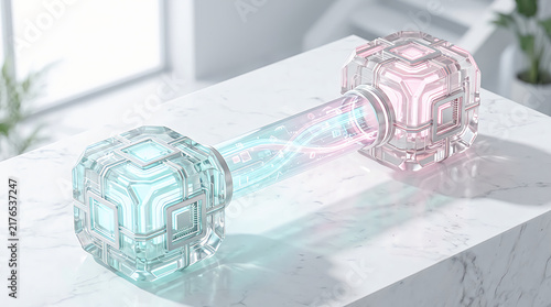 Futuristic dumbbell weight with glowing digital circuit patterns for fitness technology