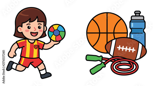 Happy child holding colorful frisbee with sports gear Vector