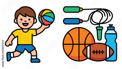 Boy playing with colorful sports ball and equipment Vector