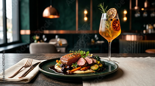 Grilled duck breast served with roasted vegetables and a refreshing cocktail in a restaurant