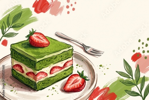 Hand-drawn matcha and strawberry cake illustration with expressive painted textures, designed for contemporary café, dessert and packaging concepts.